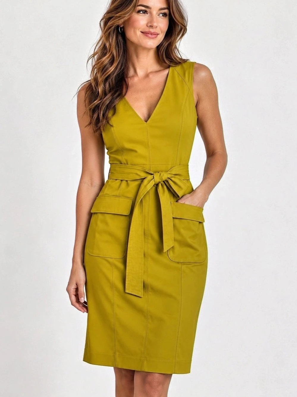 Halogen Size 8 Mustard Chartreuse Belted Sheath Dress V Neck Pockets